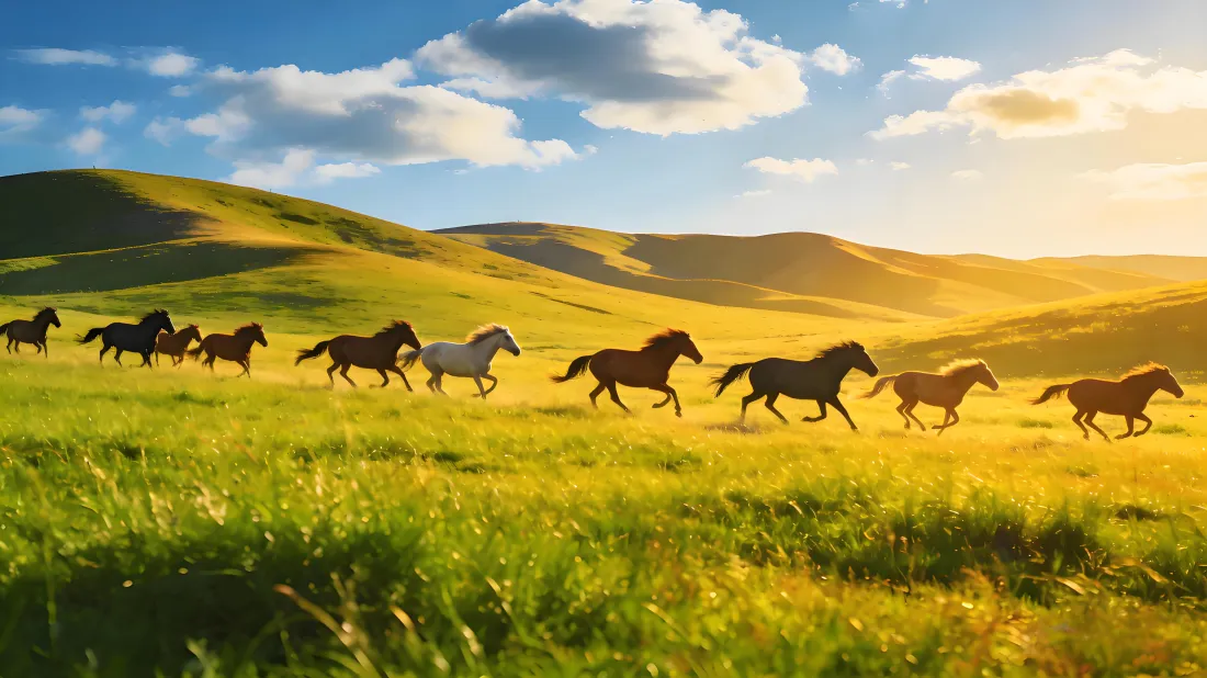 5k草原骏马壁纸｜自然风光背景图片 - 策马奔腾绿草地「哲风壁纸」