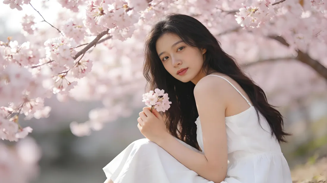 5k桃花美女壁纸｜桃花背景 - 白裙大波浪「哲风壁纸」