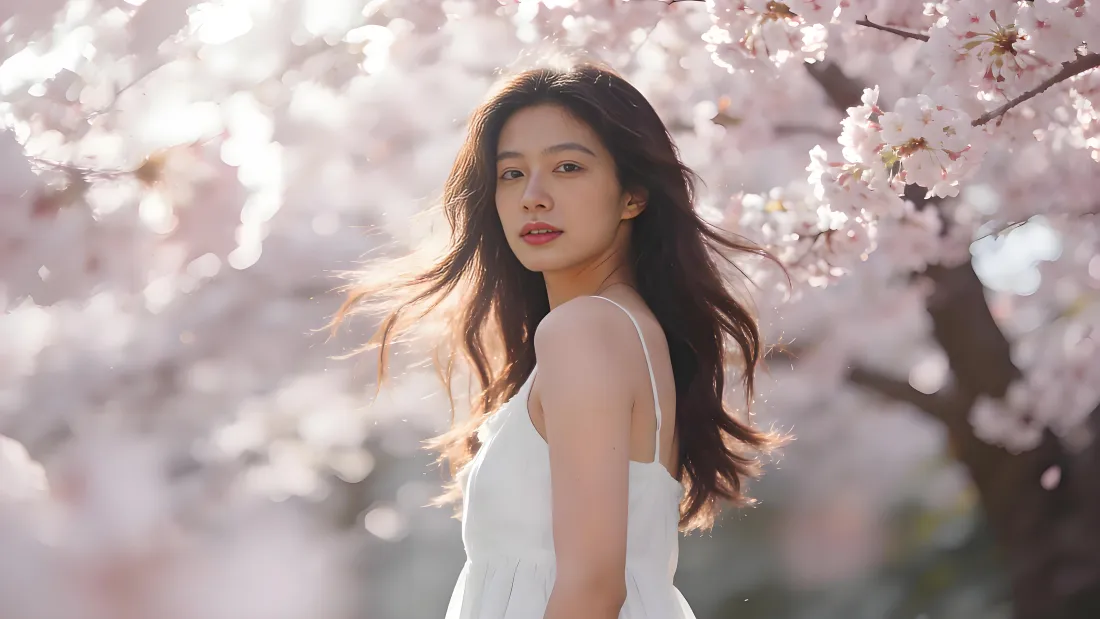 5k白裙美女壁纸｜桃花背景图 - 春日吊带裙「哲风壁纸」
