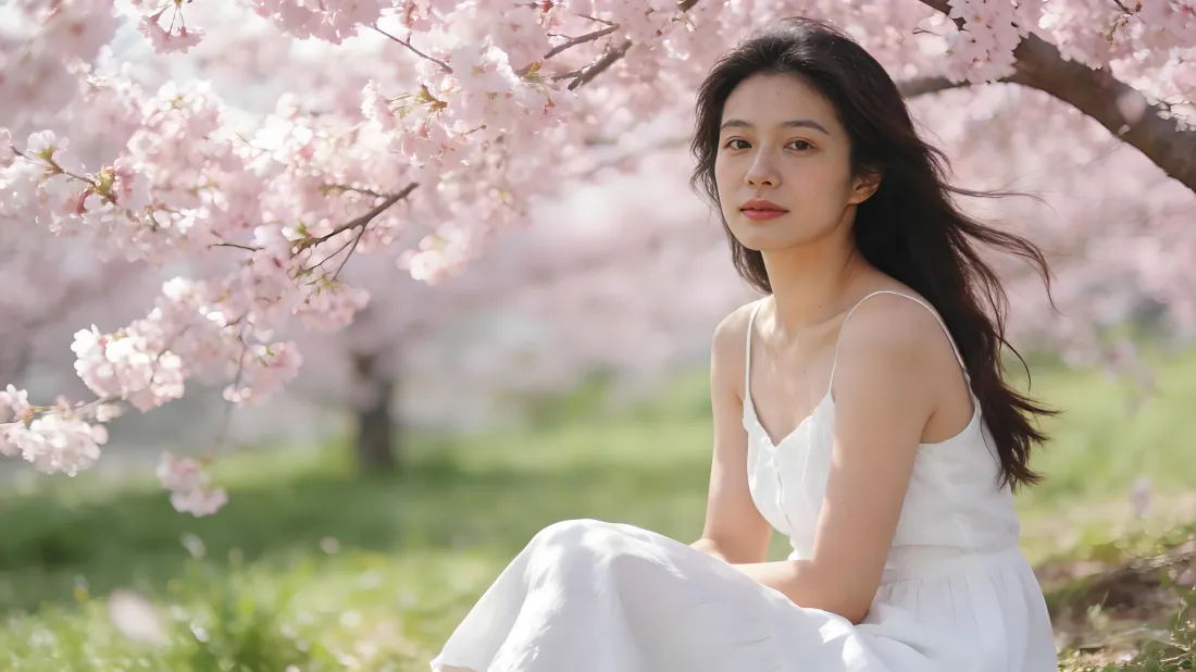 5k樱花美女白裙壁纸｜春日草地背景图片 - 微风「哲风壁纸」