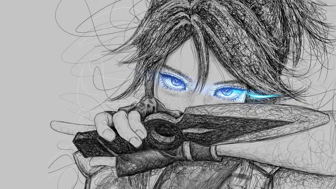 4k无畏契约角色线稿壁纸｜灰白背景图片 - 蓝眼武器手绘「哲风壁纸」