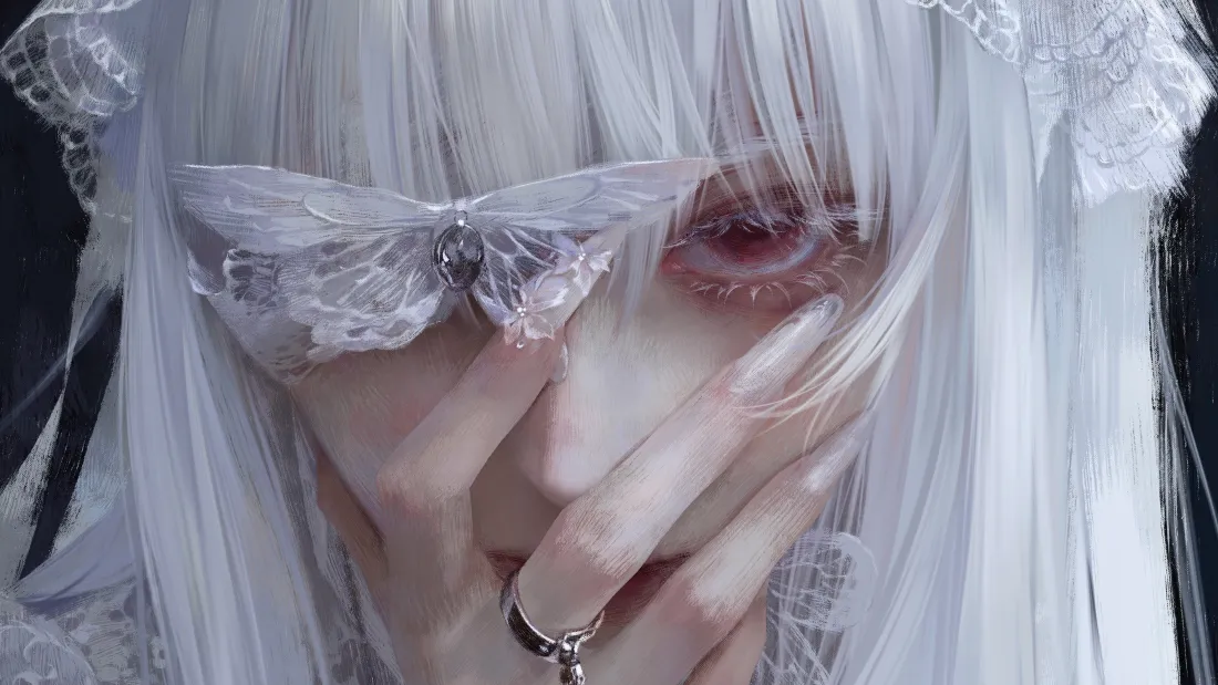4k白发红瞳少女壁纸｜白蝴蝶蕾丝背景 - 暗黑哥特「哲风壁纸」