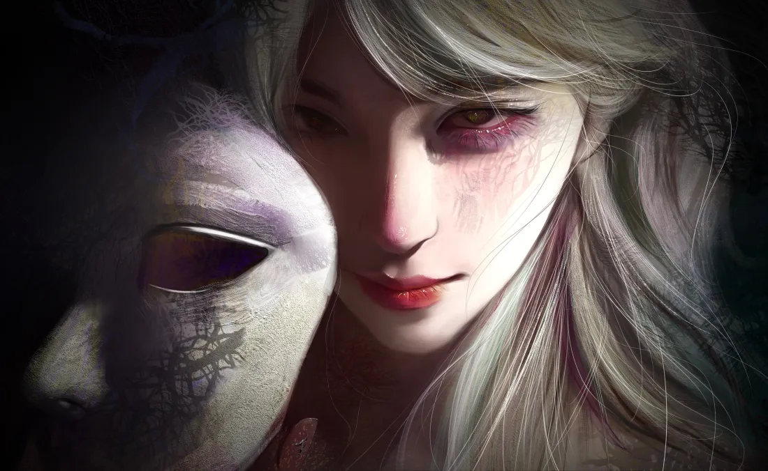 银发美女手机壁纸｜暗黑背景图片 - 面具红眼「哲风壁纸」