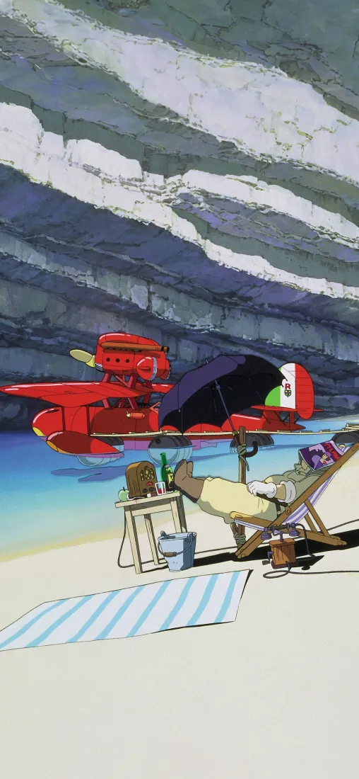 红猪手机壁纸｜海边露营背景图片 - 红飞机沙滩遮阳伞「哲风壁纸」