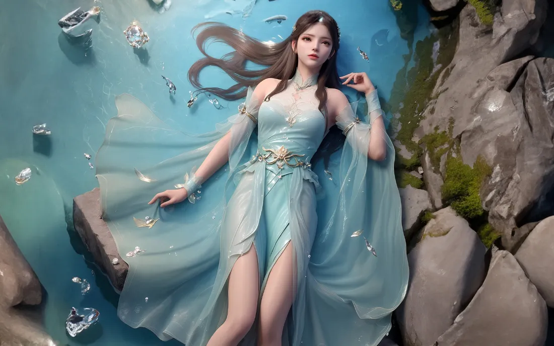 2k萧薰儿壁纸｜斗破苍穹背景图片 - 蓝色古风长裙水面「哲风壁纸」