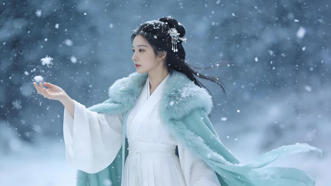 5k古装美女壁纸｜雪景背景图片 - 白衣青披风「哲风壁纸」