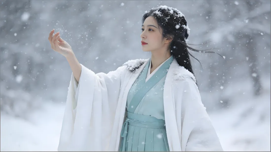5k古风美女壁纸｜雪景背景图片 - 古装白衣绿裙雪花「哲风壁纸」