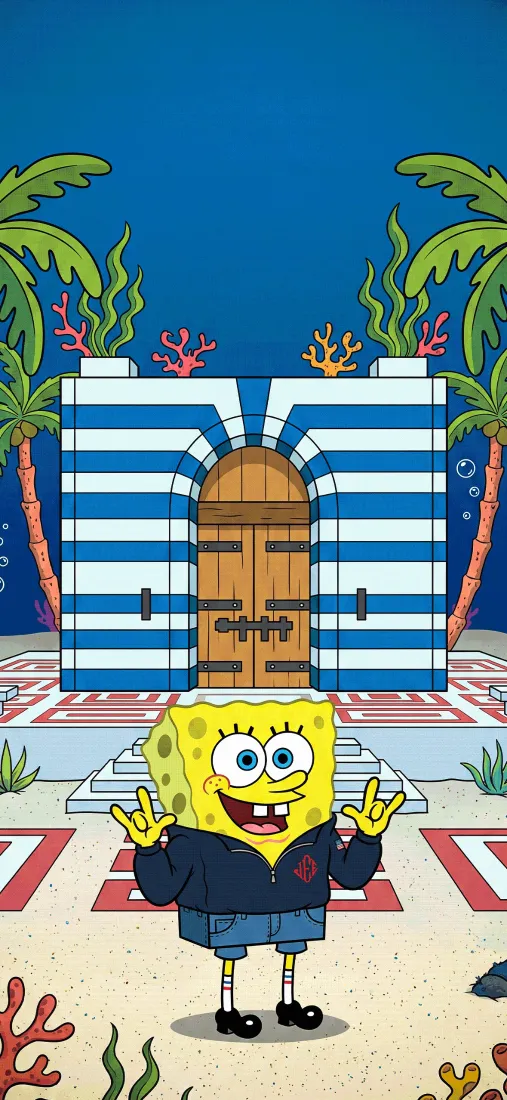 海绵宝宝手机壁纸｜海底背景图片 - 蓝白建筑棕榈树「哲风壁纸」