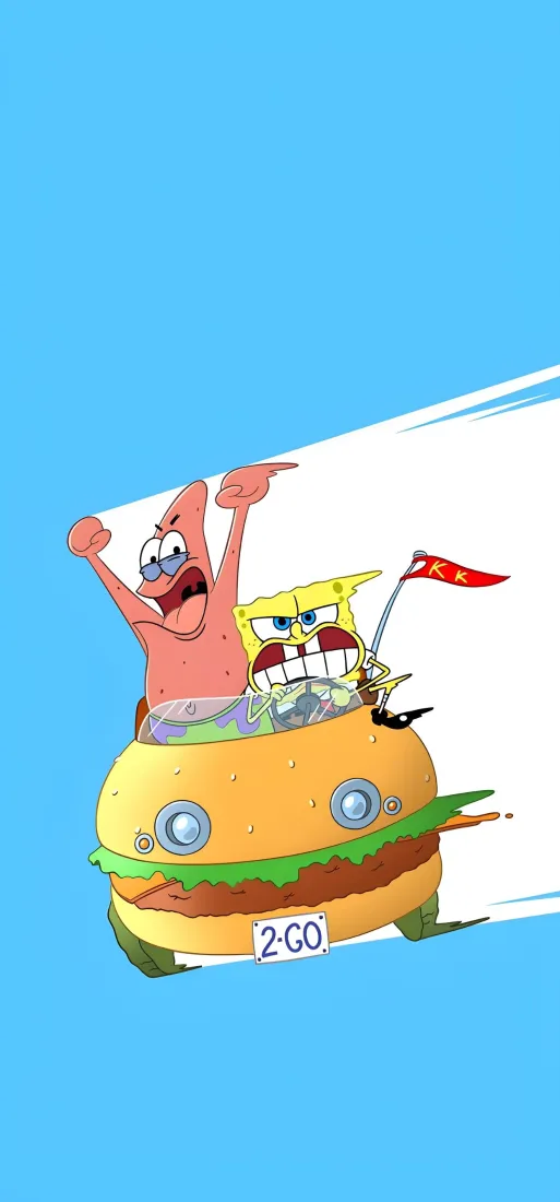 海绵宝宝手机壁纸｜蓝色背景图片 - 派大星汉堡车「哲风壁纸」