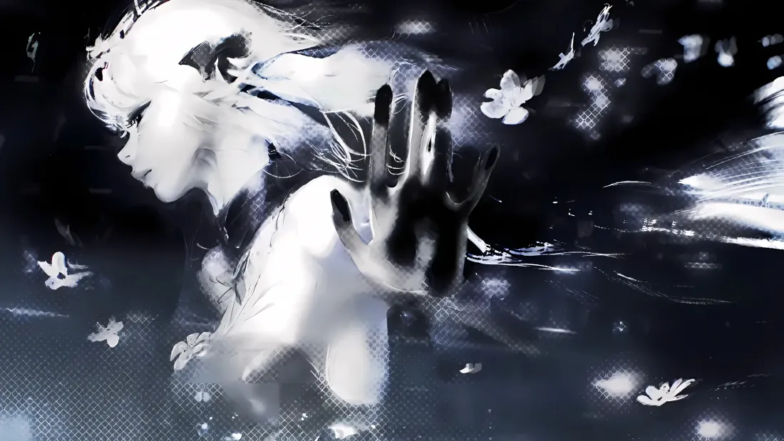 4k白发动漫人物壁纸｜黑白背景 - 手掌花瓣「哲风壁纸」