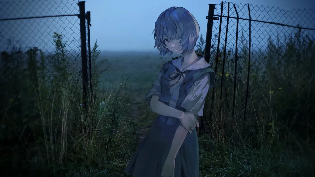 2k凌波丽壁纸｜新世纪福音战士背景图 - 蓝色黄昏铁丝网草地「哲风壁纸」