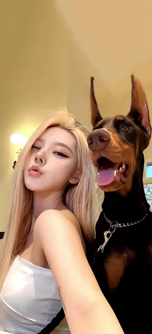 金发美女杜宾犬手机壁纸｜室内背景图片 - 自拍萌宠「哲风壁纸」