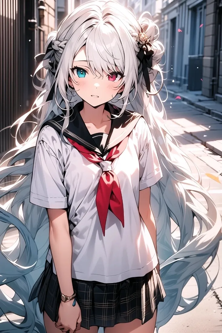 白发JK少女手机壁纸｜街道背景图片 - 二次元「哲风壁纸」