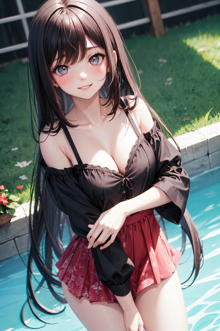 AI美女手机壁纸｜泳池背景图片 - 红裙露肩清凉风「哲风壁纸」