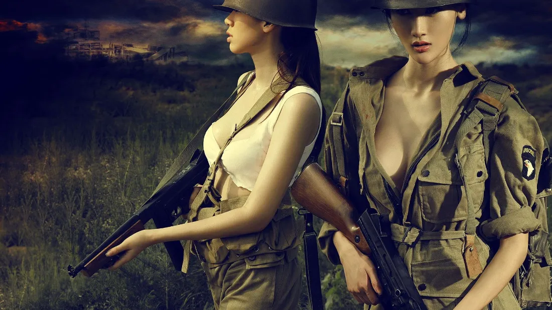 2k军装美女壁纸｜战场背景图片 - 持枪女性战士「哲风壁纸」