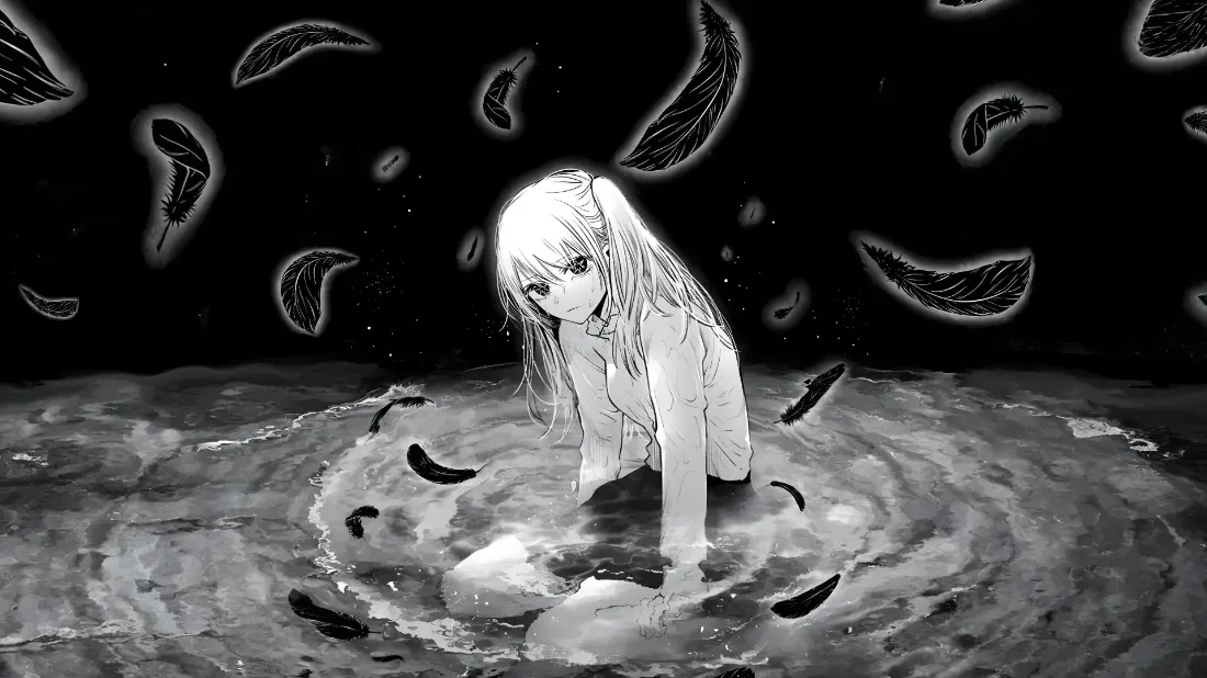 2k二次元少女壁纸｜湖水背景 - 羽毛黑白「哲风壁纸」