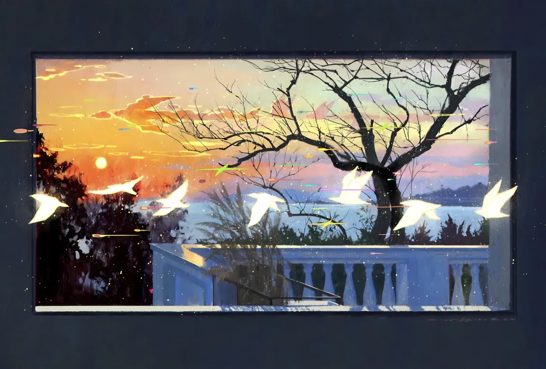 2k手绘风景壁纸｜黄昏海景背景 - 油画 画框 飞鸟「哲风壁纸」