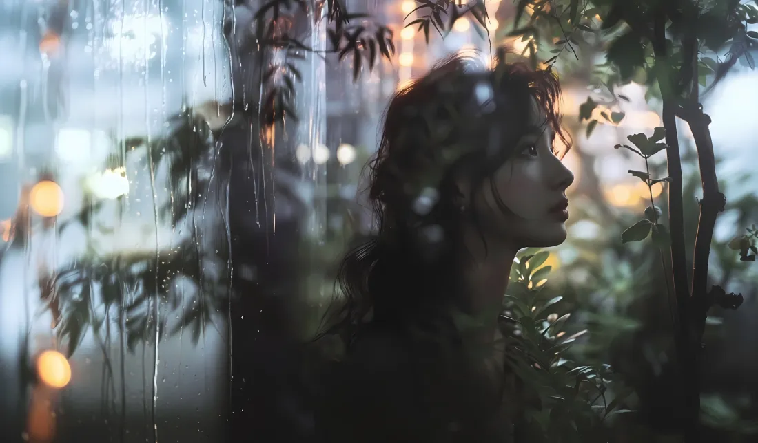 2k雨夜美女壁纸｜竹林背景图片 - 暗调氛围感「哲风壁纸」