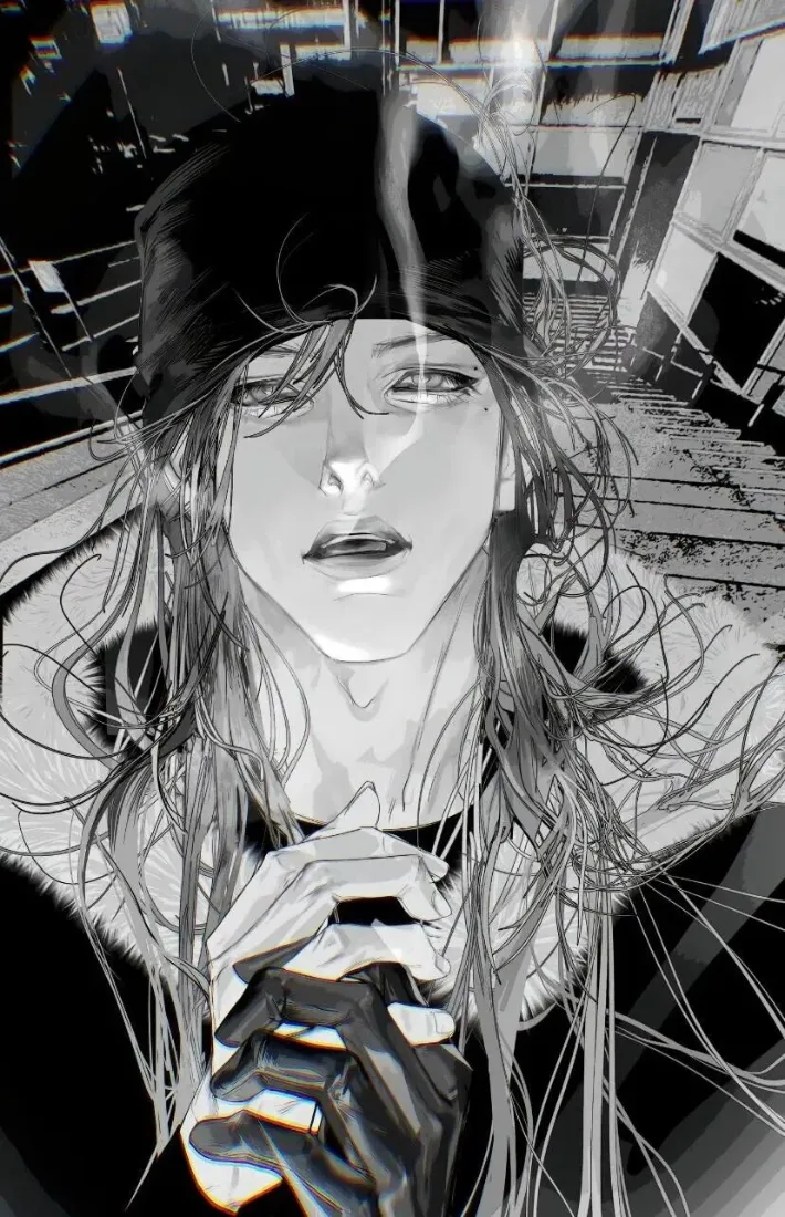 动漫人物手机壁纸｜黑白背景 - 酷帅烟气冷帽「哲风壁纸」