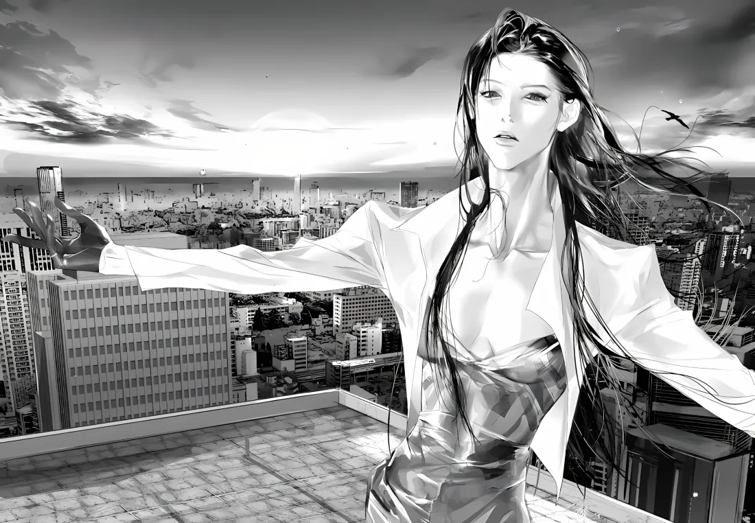2k动漫人物壁纸｜天台背景图片 - 黑白紧身裙「哲风壁纸」
