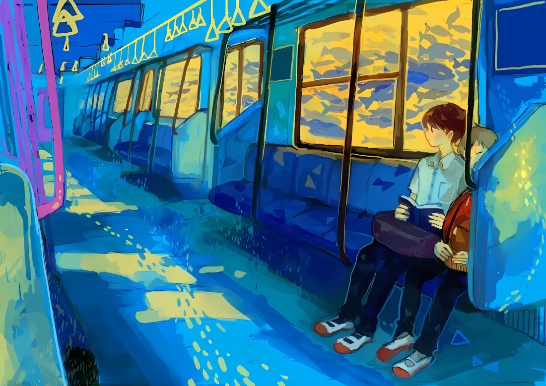 2k地铁车厢蓝调壁纸｜动漫人物背景 - 黄色光影「哲风壁纸」