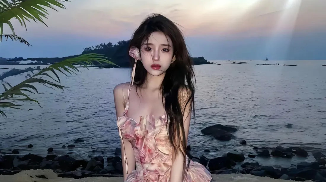 2k海边美女壁纸｜海岸暮色背景图片 - 碎花裙 夕阳 礁石「哲风壁纸」