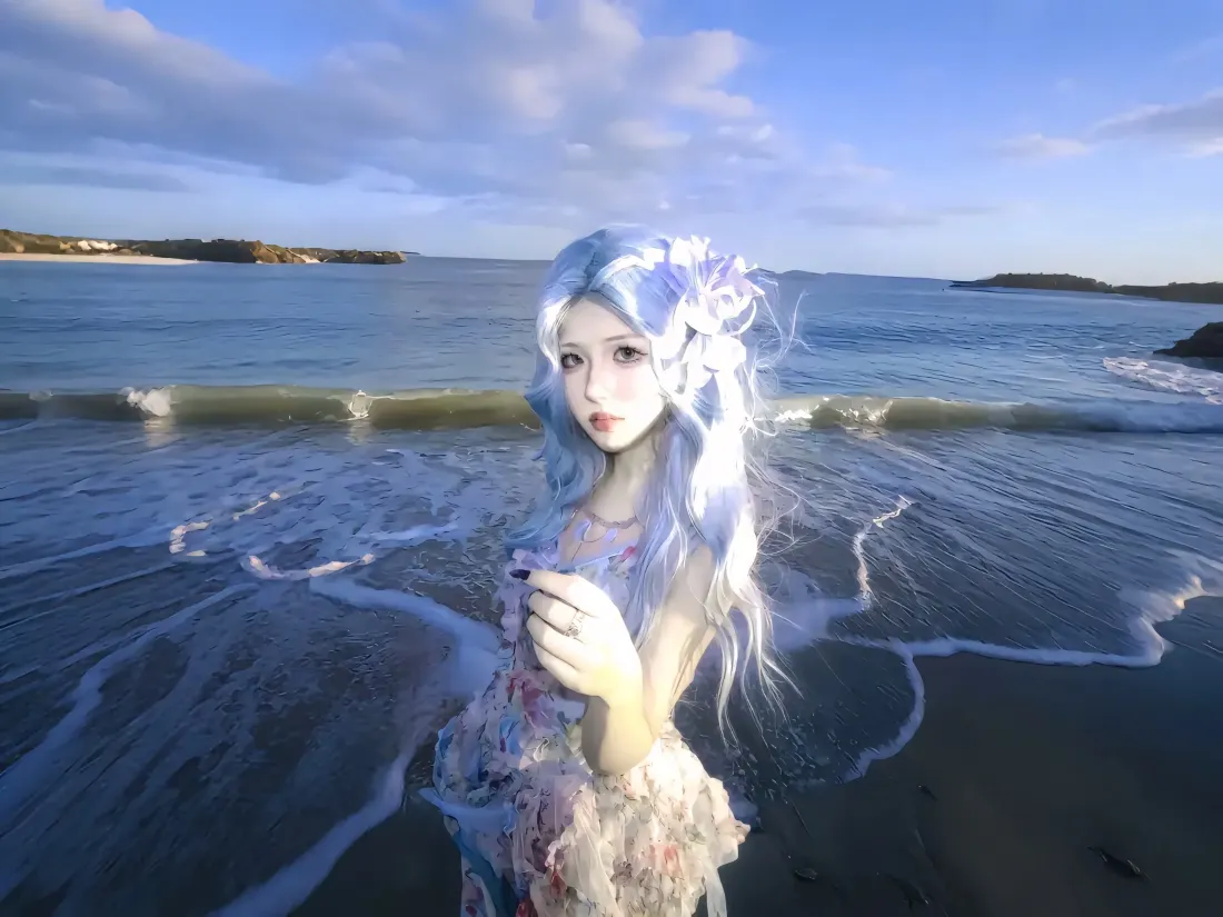 3k浪间人鱼壁纸｜海边背景 - 浅蓝发色美女「哲风壁纸」