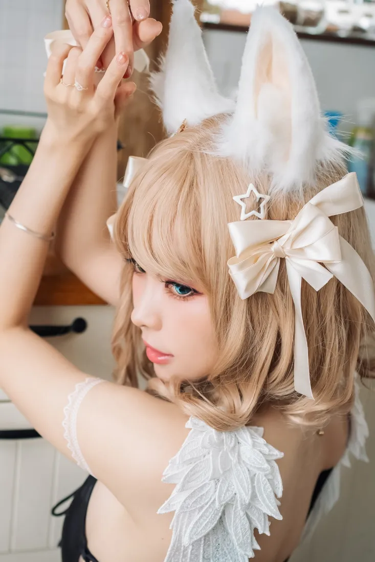 猫耳少女手机壁纸｜白色背景 - 蝴蝶结金发翅膀「哲风壁纸」