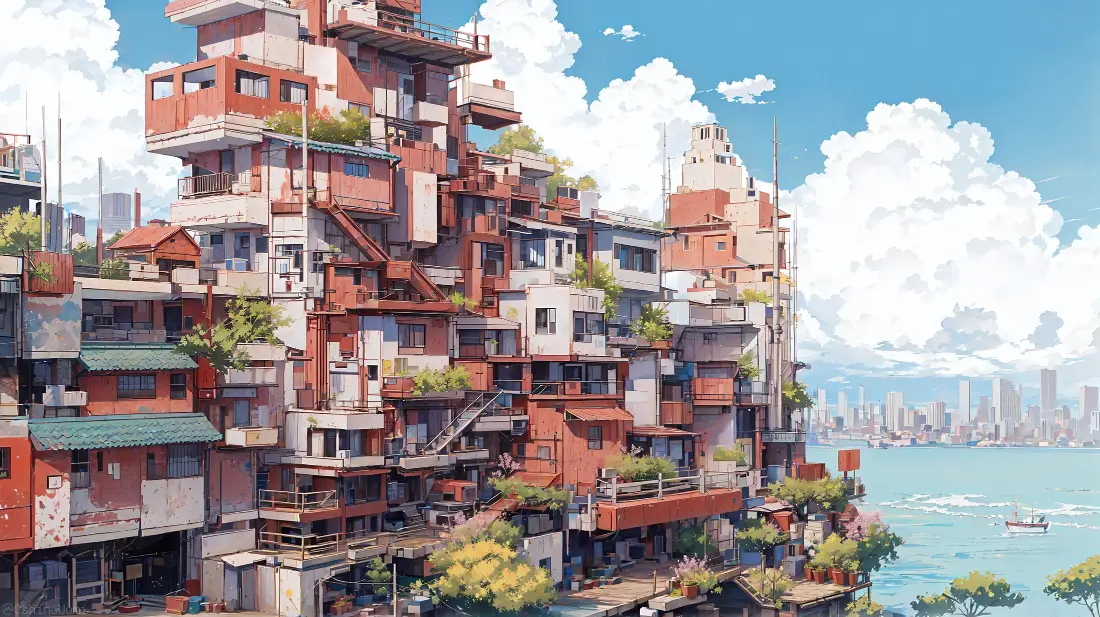 2k二次元城市堆叠建筑壁纸｜绿植水面背景图片 - 海景「哲风壁纸」