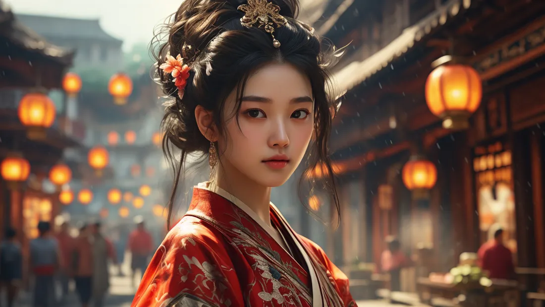 3k红衣美女壁纸｜古风街道背景图片 - 红色汉服「哲风壁纸」