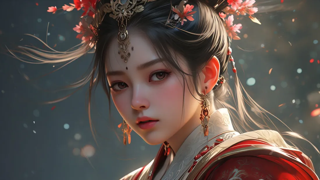 3k红衣美女壁纸｜古风背景图片 - 汉服民族红「哲风壁纸」