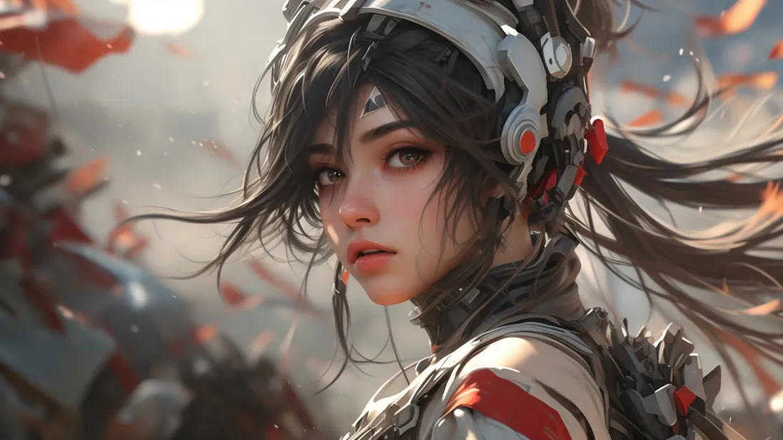 3k赛博古风美女壁纸｜战场背景 - 红色机械装「哲风壁纸」