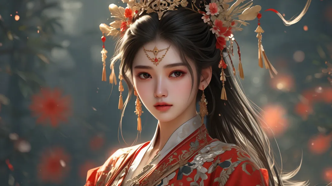 3k红衣美女壁纸｜古风背景图片 - 红色汉服「哲风壁纸」