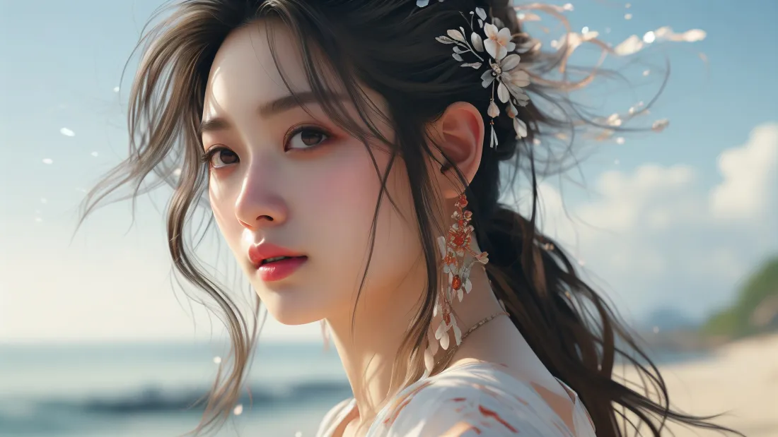 3k古风美女壁纸｜海边背景图片 - 沙滩海洋「哲风壁纸」