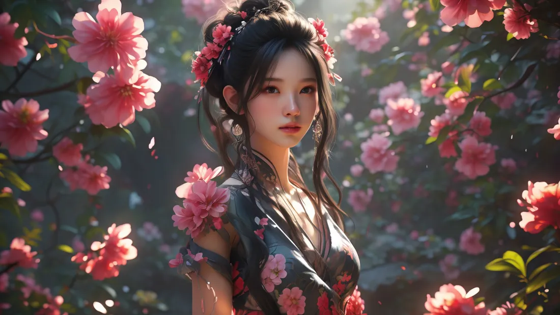 3k红衣美女壁纸｜花海背景 - 古风汉服古装「哲风壁纸」