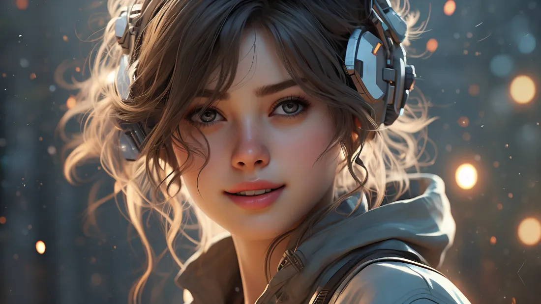 3k戴耳机卷发女孩壁纸｜暖光光斑背景 - 艺术肖像「哲风壁纸」