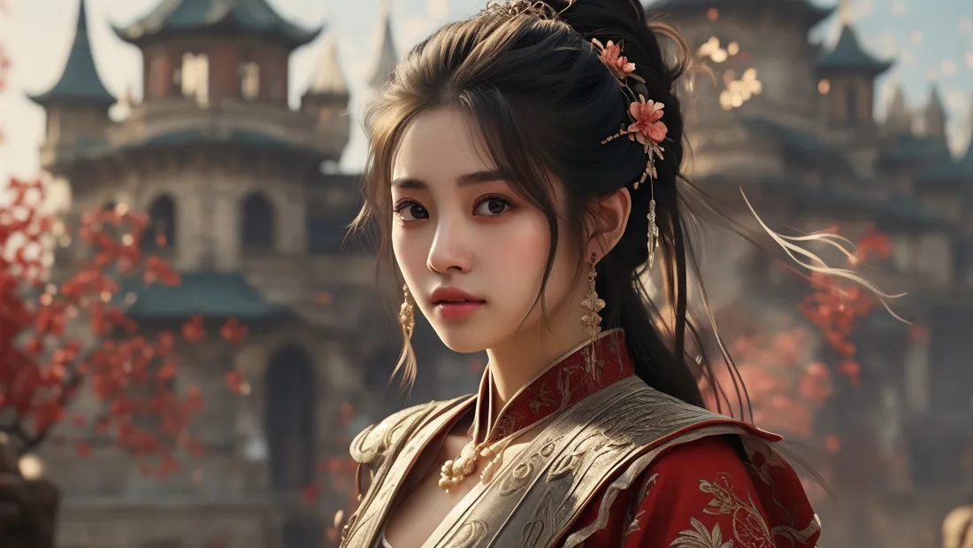 3k古装美女壁纸｜古风建筑背景图 - 汉服红衣「哲风壁纸」