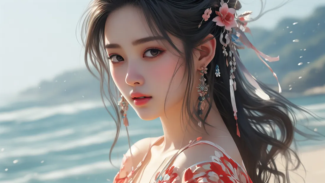 3k古装美女壁纸｜海边背景图片 - 红衣AI古风美人「哲风壁纸」