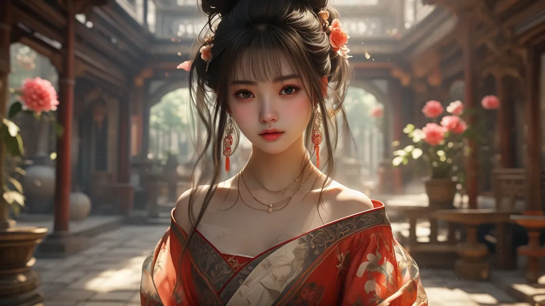 3k古装美女壁纸｜古风庭院背景 - 红衣古装AI「哲风壁纸」