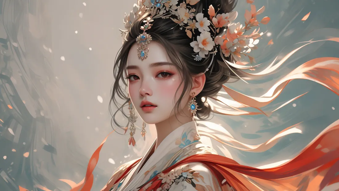 3k古装美女壁纸｜古风背景图片 - AI风格红衣古装「哲风壁纸」