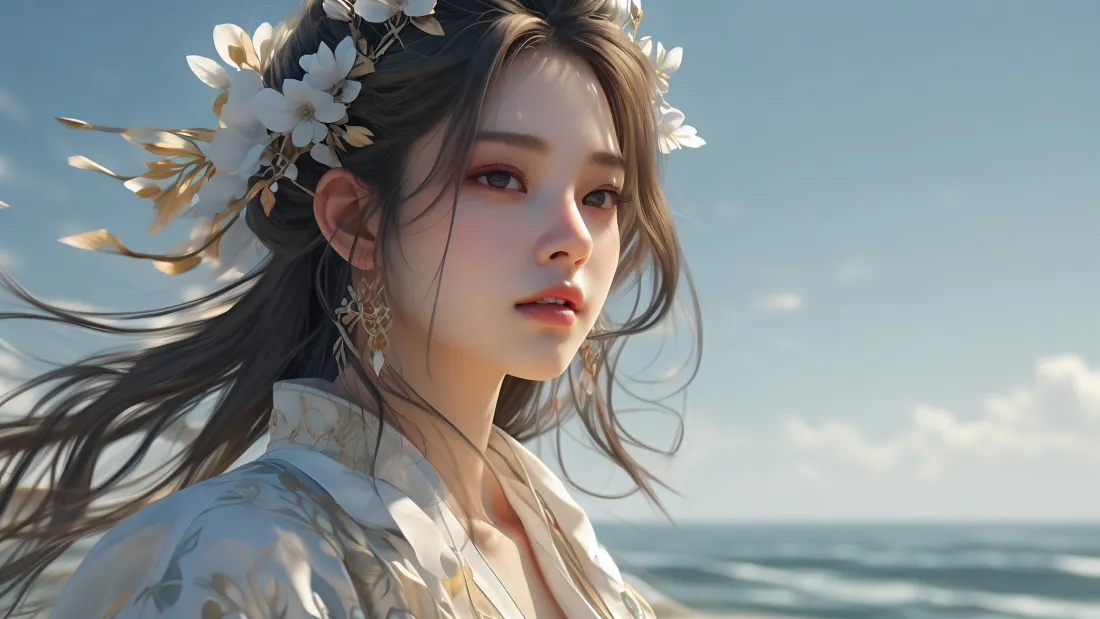 3k古装美女壁纸｜海边背景图 - AI古风美女「哲风壁纸」