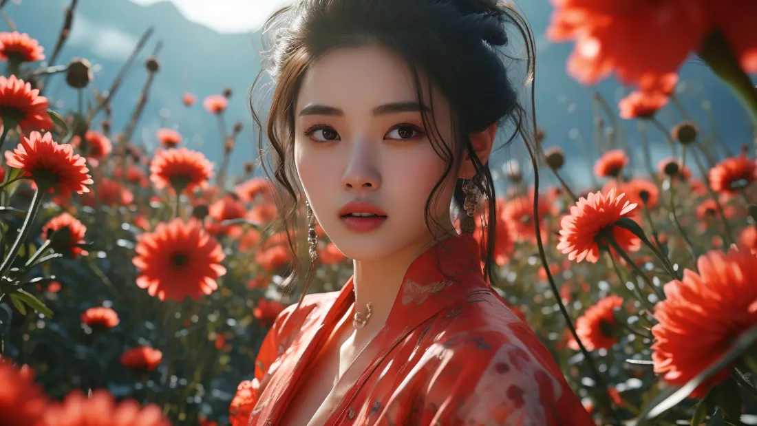3k红衣古装壁纸｜花海背景图片 - 古装美女「哲风壁纸」