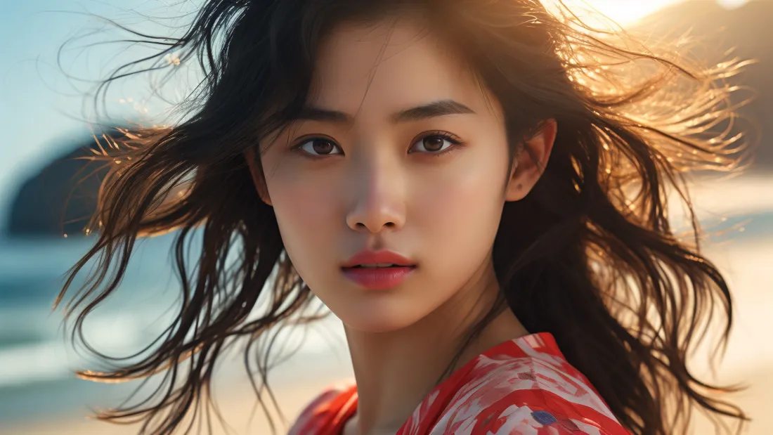 3k红衣美女壁纸｜沙滩海景图片 - 2K美女「哲风壁纸」