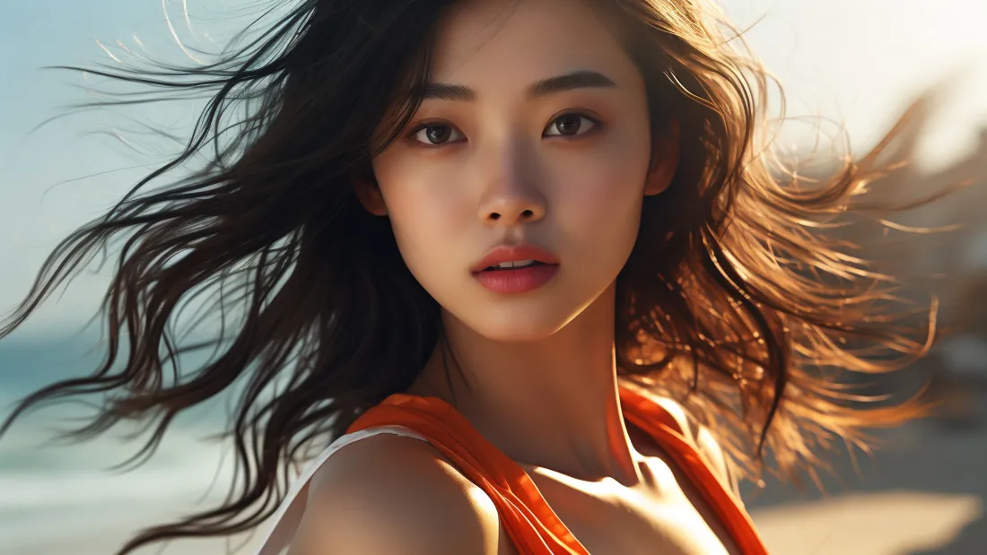 3k2K美女壁纸｜海边背景图片 - 橙色服饰美女「哲风壁纸」