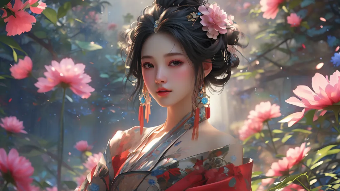 3kAI古装美女壁纸｜粉色牡丹背景 - 2K「哲风壁纸」