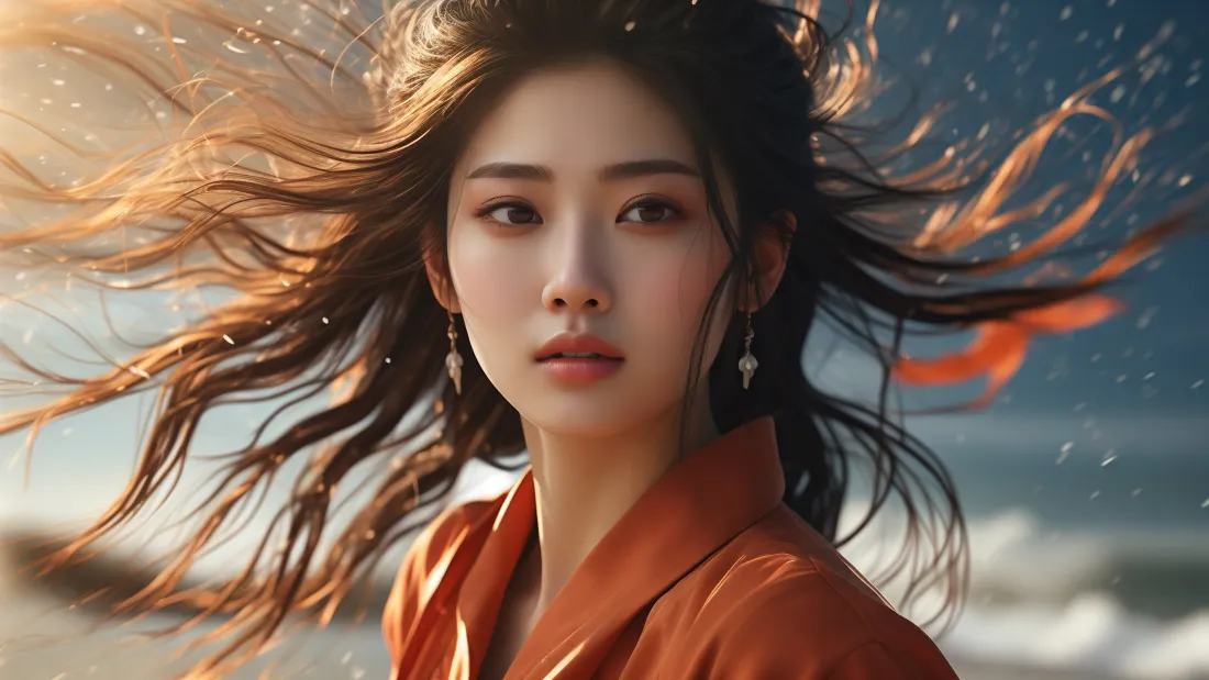 3k橙衣美女壁纸｜海景背景 - AI风格古装美女「哲风壁纸」