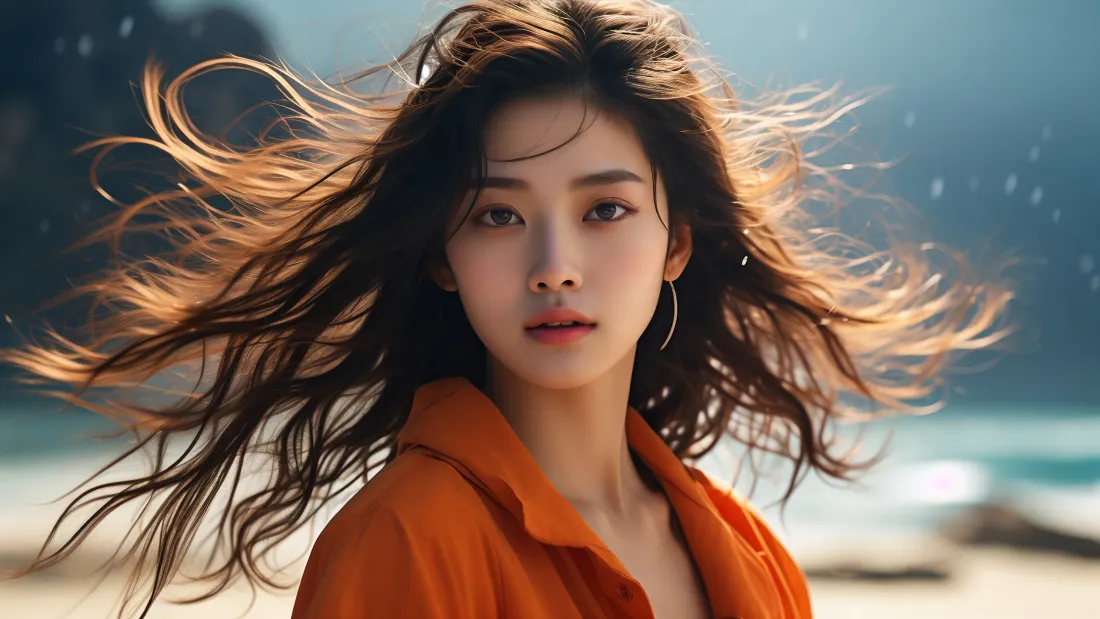 3k橙色美女壁纸｜海边背景图片 - 2K「哲风壁纸」