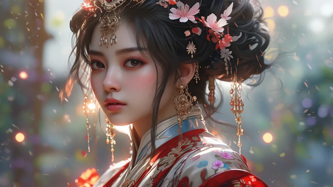 3kAI古装美女壁纸｜古风背景图片 - 2K红衣美人「哲风壁纸」