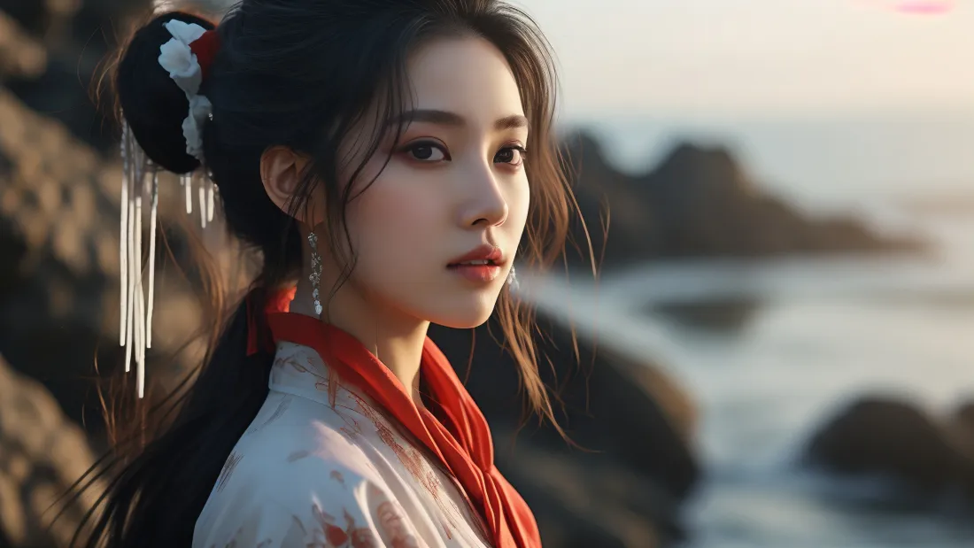 3kAI古装美女壁纸｜海边背景图片 - 红衣古风美人「哲风壁纸」