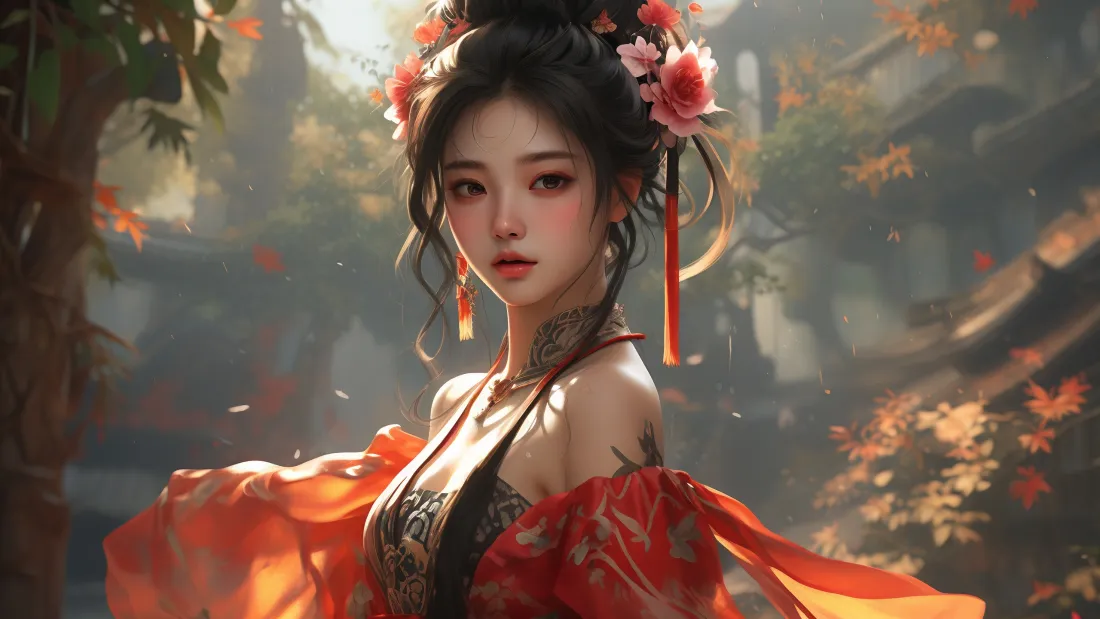 3kAI古装美女壁纸｜古风背景 - 红衣迷人超清「哲风壁纸」